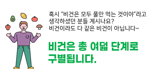 혹시 “비건은 모두 풀만 먹는 것이야”라고 생각하셨던 분들 계시나요? 비건이라도 다 같은 비건이 아닙니다~ 비건은 총 여덟 단계로 구별됩니다. 