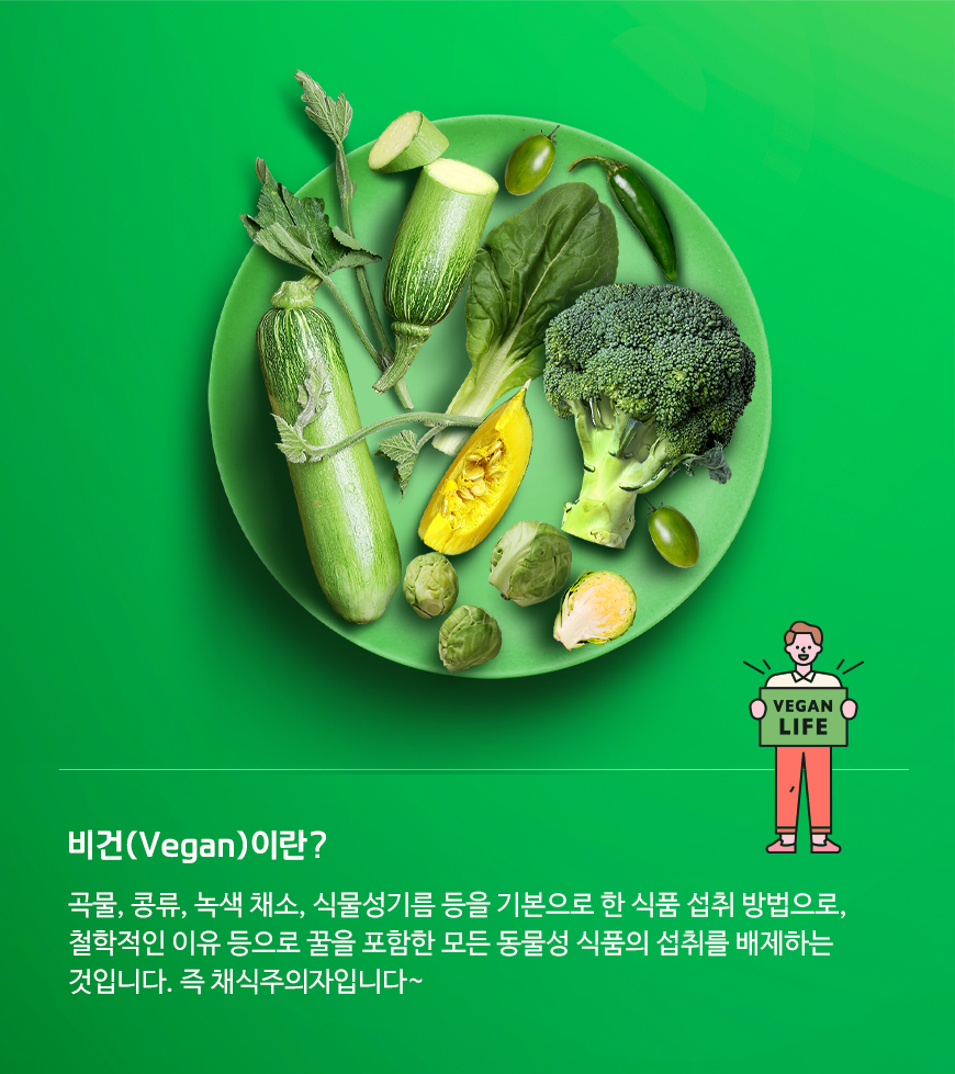 비건(Vegan)이란? 곡물, 콩류, 녹색 채소, 식물성기름 등을 기본으로 한 식품 섭취 방법으로, 철학적인 이유 등으로 꿀을 포함한 모든 동물성 식품의 섭취를 배제하는 것입니다. 즉 채식주의자입니다~​