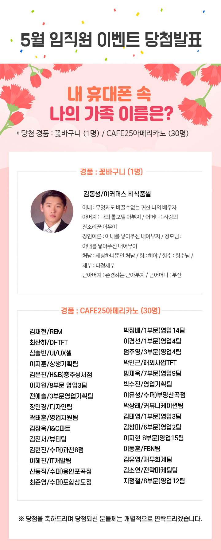 당첨자 발표 GS리테일 50주년 축하 메시지 * 당첨 경품 : 모바일팝충전권 5천원(20명)​ - 하단 상세설명