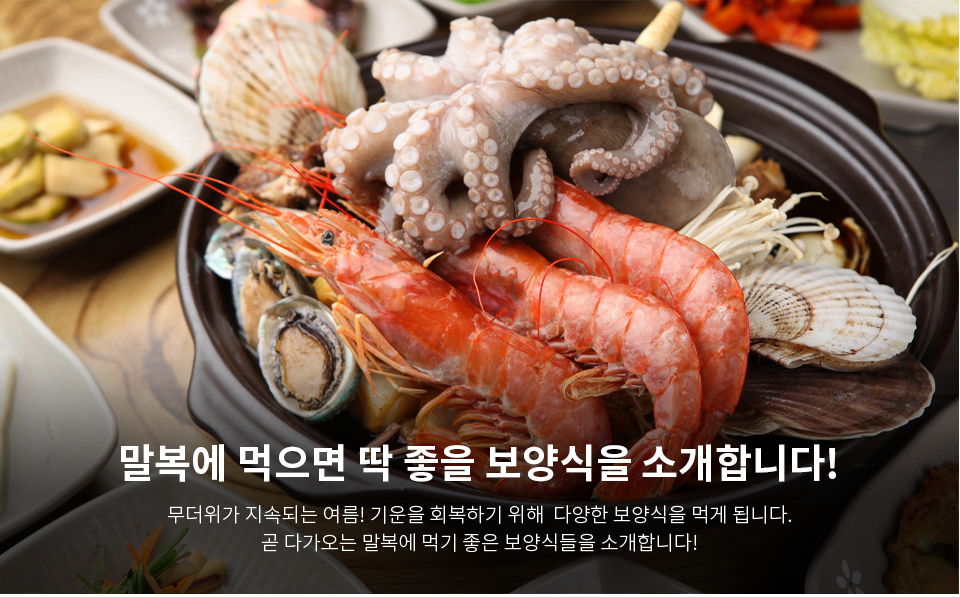 말복에 먹으면 딱 좋을 보양식을 소개합니다!​ 무더위가 지속되는 여름!​ 기운을 회복하기 위해  다양한 보양식을 먹게 됩니다.​곧 다가오는 말복에 먹기 좋은 보양식들을 소개합니다!​