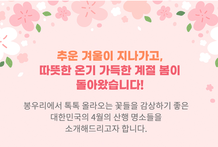 추운 겨울이 지나가고 따뜻한 온기 가득한 계절 봄이 돌아왔습니다! 봉우리에서 톡톡 올라오는 꽃들을 감상하기 좋은 대한민국의 4월의 산행 명소들을 소개해드리고자 합니다.